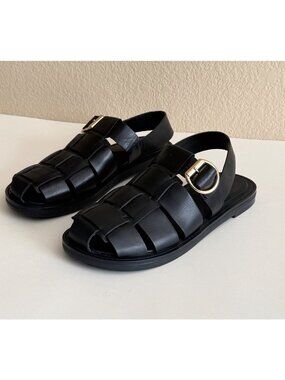 ZARA Women's Woven Leather Fisherman Flat Sandals Black Casual